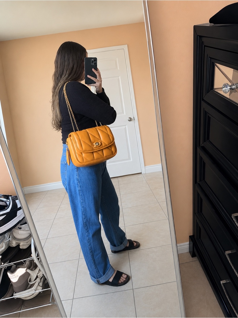 Coach Quilted Madison Shoulder Bag in Mustard Orange with Gold Chain